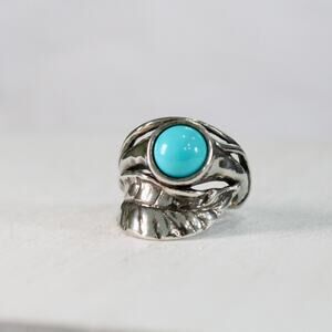 Or Paz Israel Sterling Silver 925 & Turquoise Cabochon Leaf Shaped Ring Size 7